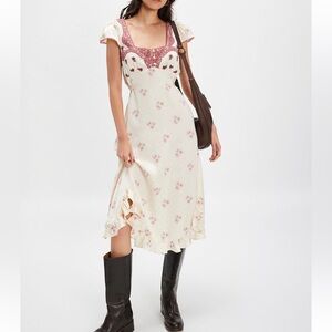 Free People Cream Midi Dress with Pink Floral Lace